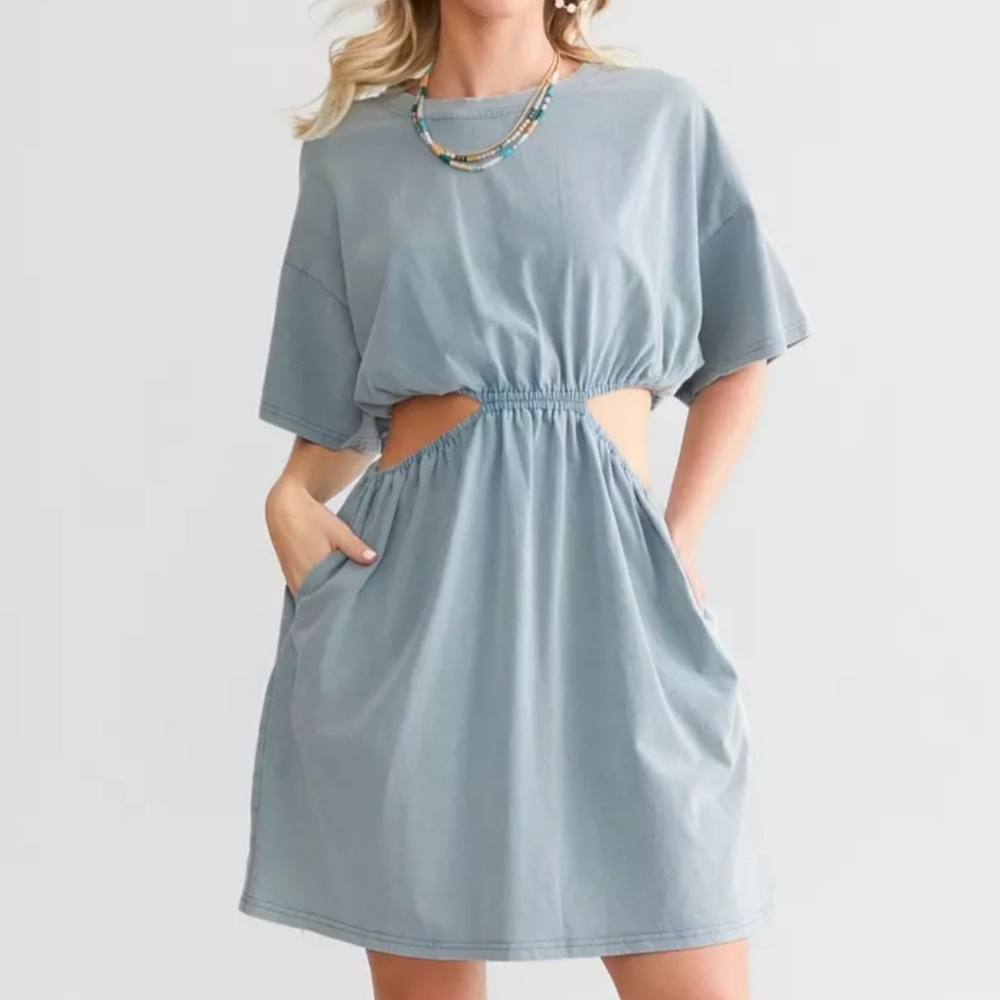 3XL Cutout Mini Dress in Dusty Blue Flirty Casual Shirt Dress Womens Plus Heyson
